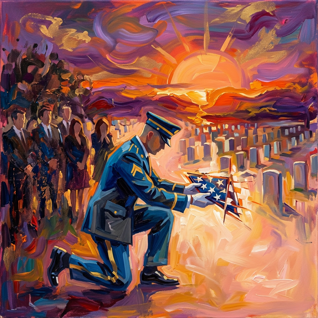 Uniformed soldier kneeling to present folded American flag at gravesite with others standing nearby and sunset in background